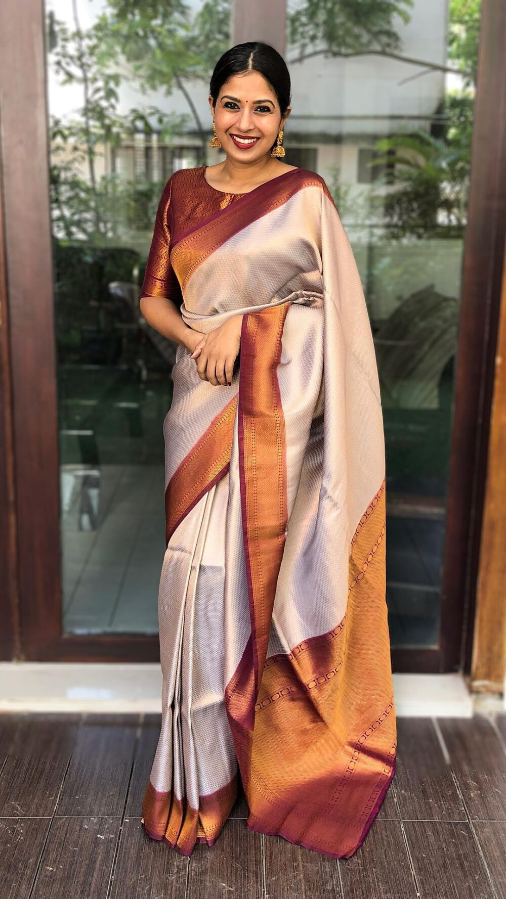 Silk Blend Woven Design Cream-Maroon Saree for Women | Traditional Festive Wear | Just Ethnic - Image 2