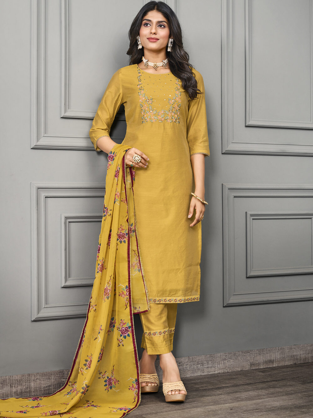 Yellow Cotton Silk Embroidered Dress for Women – Traditional Ethnic Wear | Just Ethnic