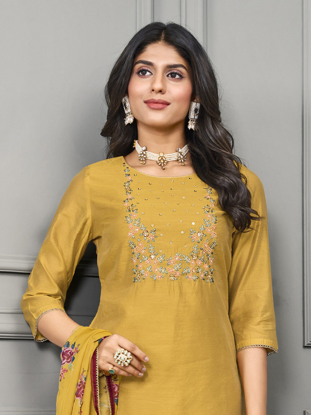 Yellow Cotton Silk Embroidered Dress for Women – Traditional Ethnic Wear | Just Ethnic - Image 2