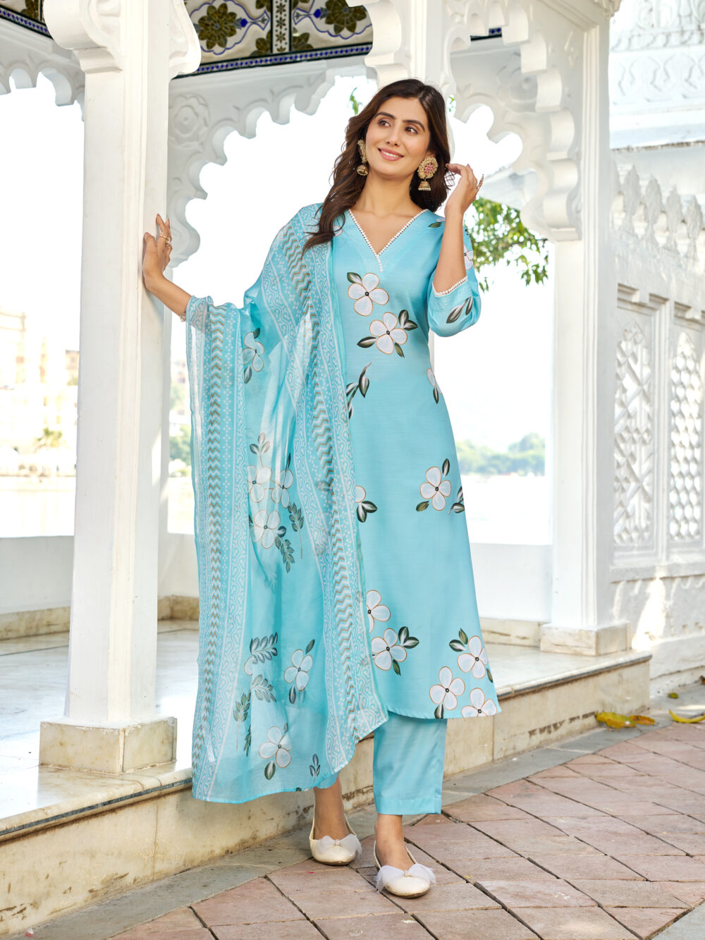 Blue Printed Cotton Blend Kurta Set for Women | Casual Wear | Just Ethnic