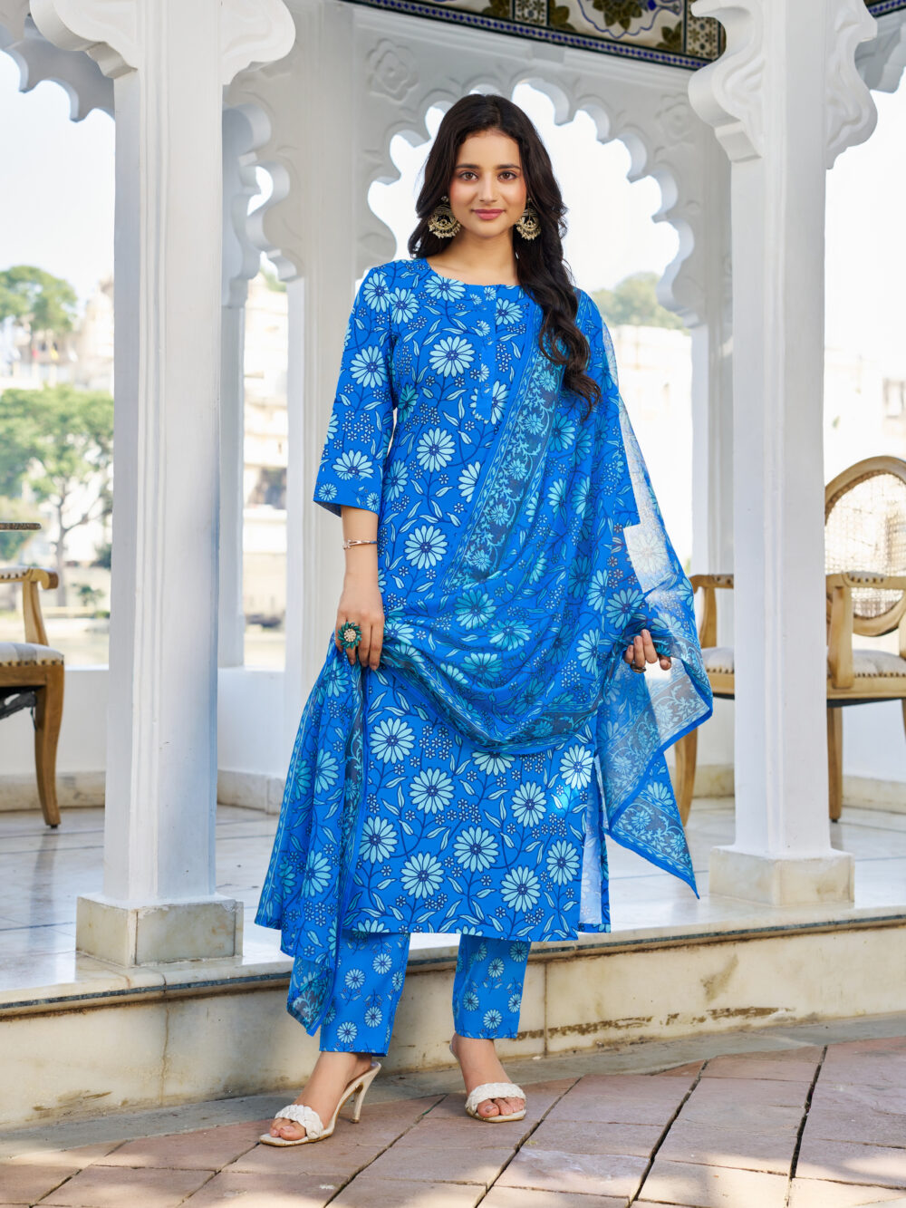 Blue Cotton Blend Floral Printed Kurta Pant Dupatta Set - Vibe Vision