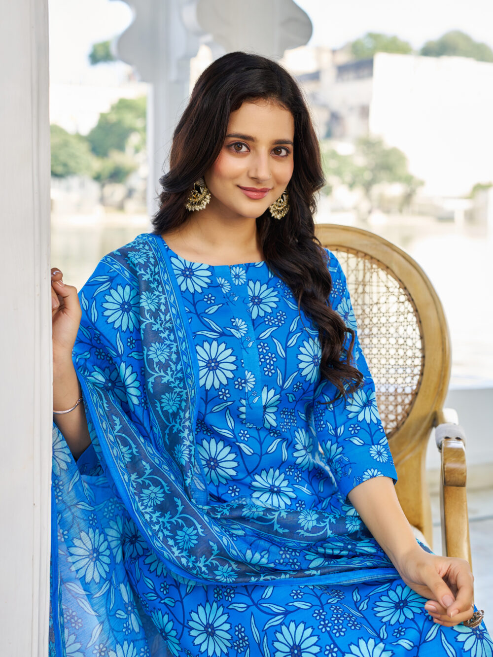 Blue Cotton Blend Floral Printed Kurta Pant Dupatta Set - Vibe Vision - Image 2