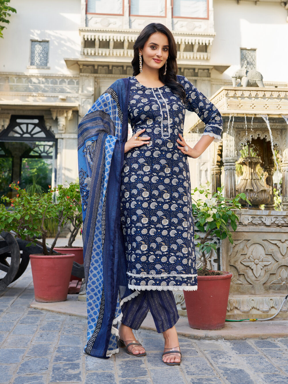 Navy Blue Cotton Blend Floral Printed Kurta Pant Dupatta Set - vibe vision