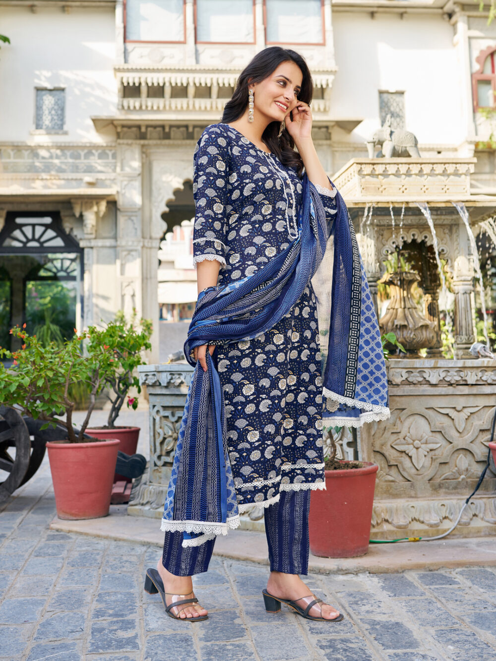 Navy Blue Cotton Blend Floral Printed Kurta Pant Dupatta Set - vibe vision - Image 5