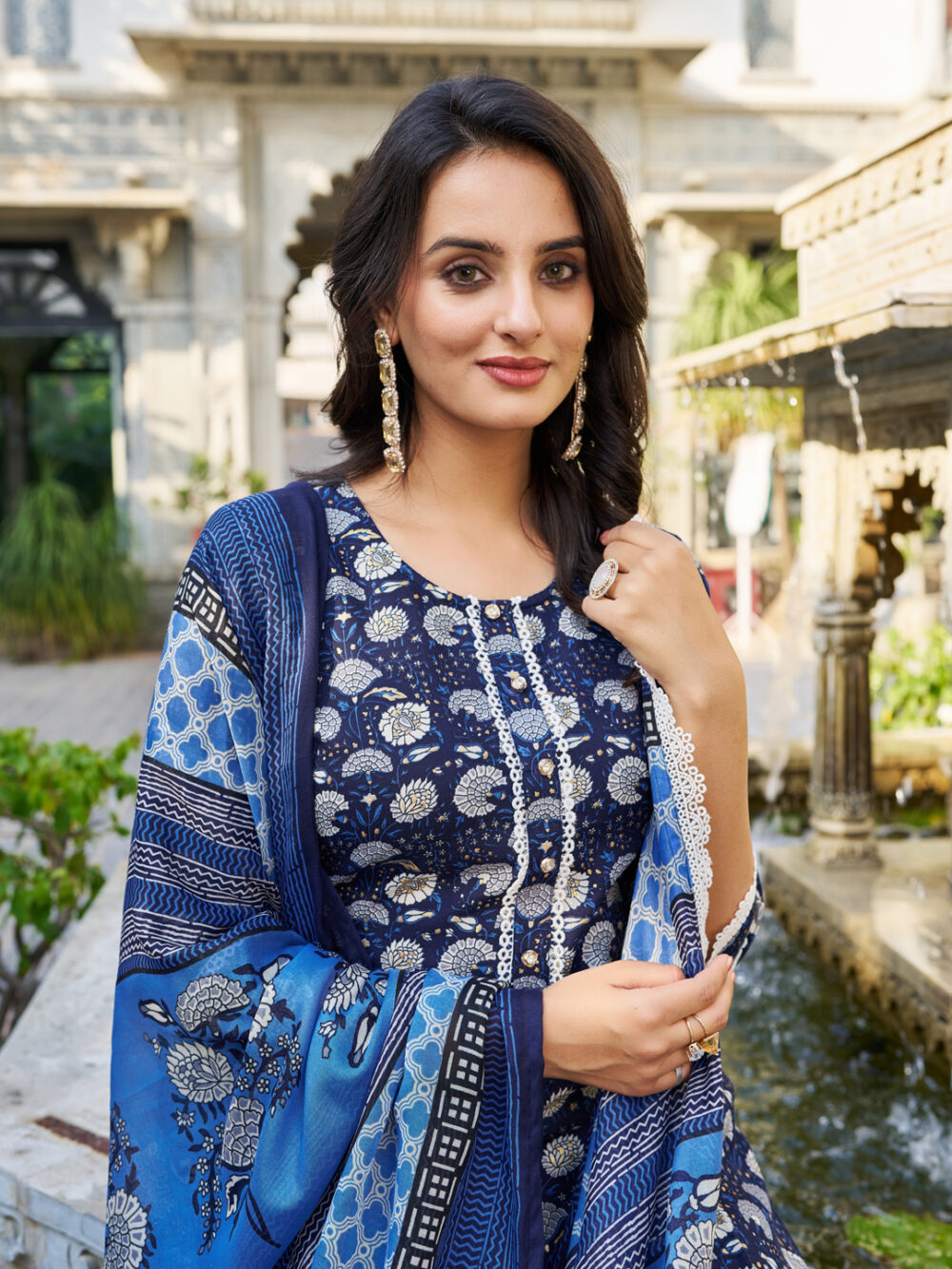 Navy Blue Cotton Blend Floral Printed Kurta Pant Dupatta Set - vibe vision - Image 2