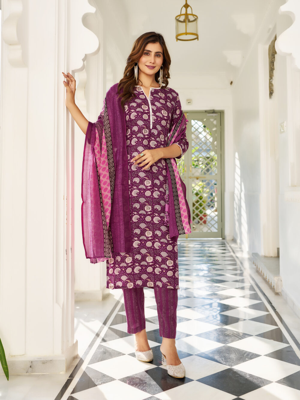 Wine Cotton Blend Floral Kurta Pant Dupatta Set | VibeVision