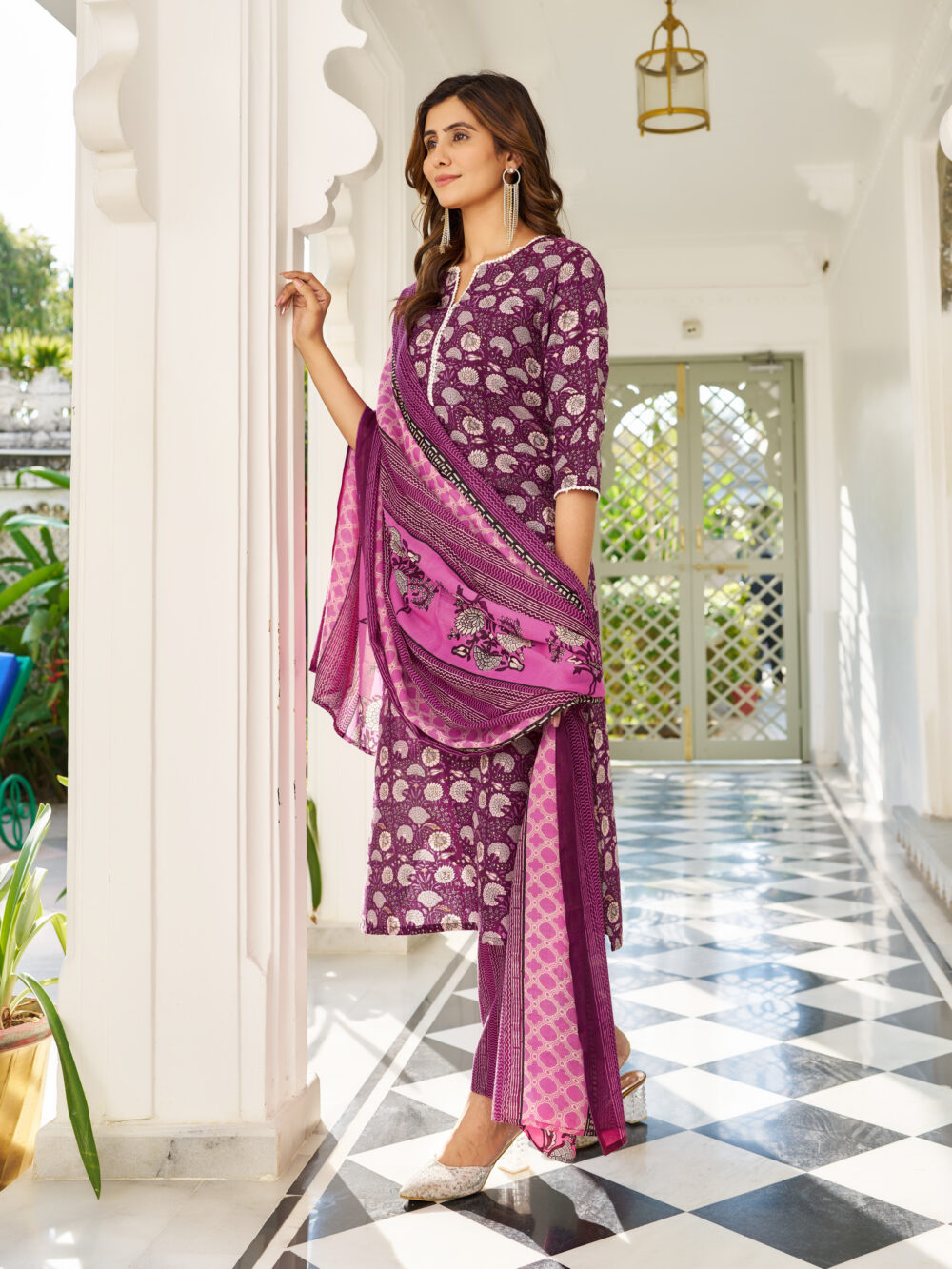 Wine Cotton Blend Floral Kurta Pant Dupatta Set | VibeVision - Image 5