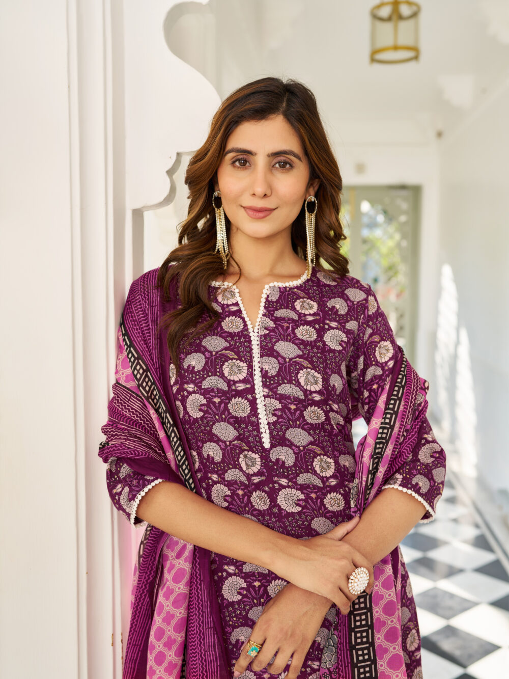 Wine Cotton Blend Floral Kurta Pant Dupatta Set | VibeVision - Image 2