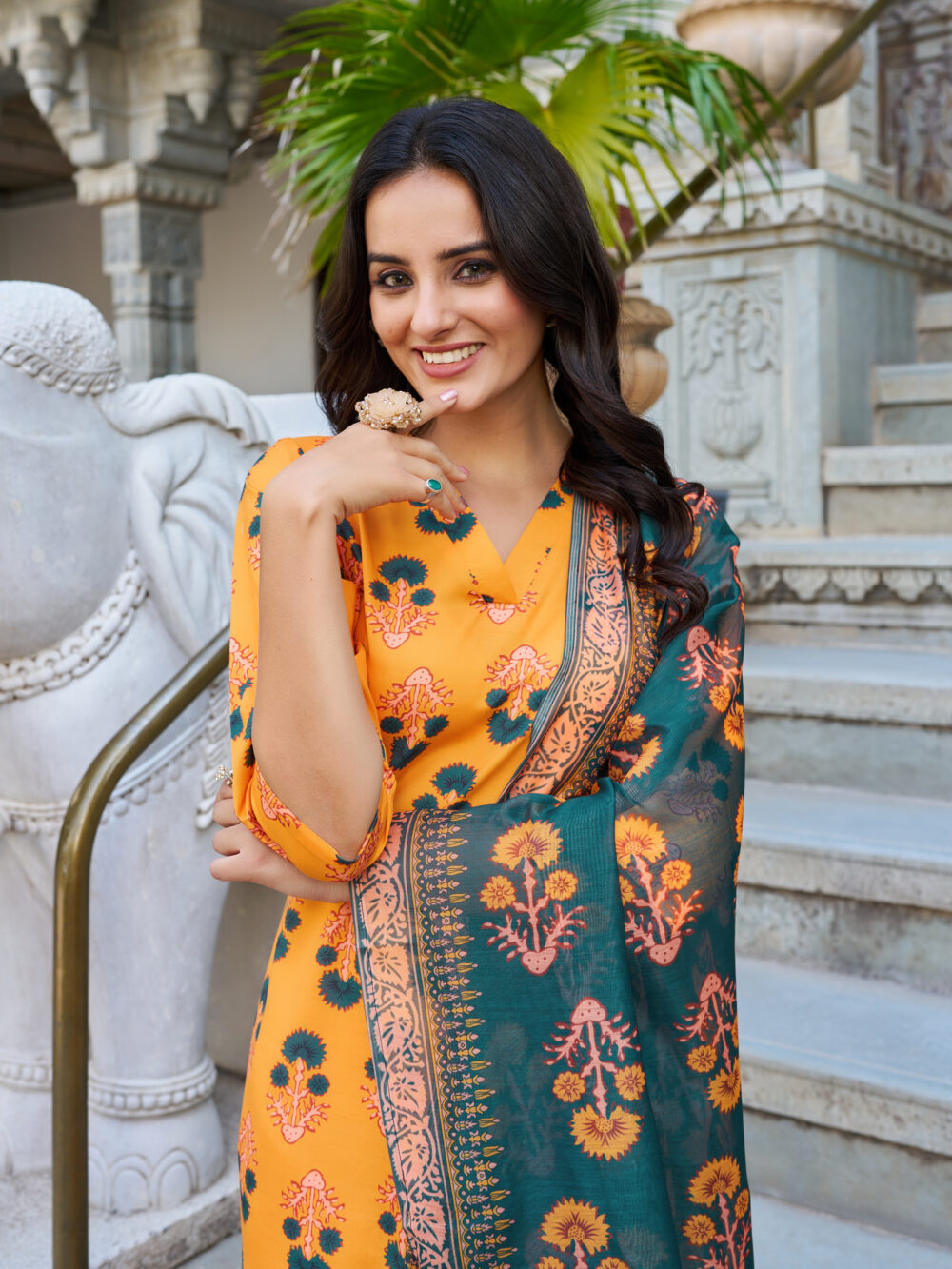 Yellow Cotton Blend Floral Printed Kurta Pant Set | VibeVision - Image 4