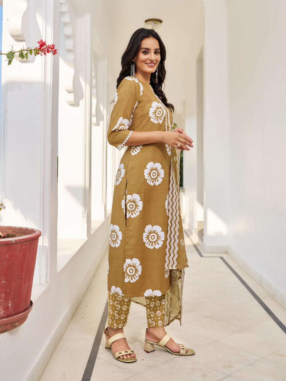 Rust Cotton Blend Floral Printed Kurta Pant Dupatta Set | VibeVision - Image 5